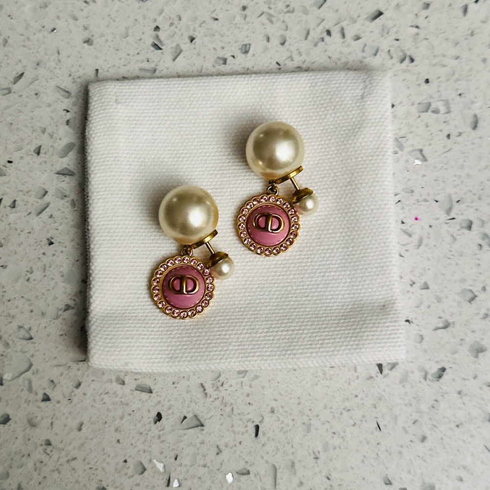 Dior Tribal Pearl Earrings Pink CD Logo Crystal Charm Authentic - Picture 4 of 9
